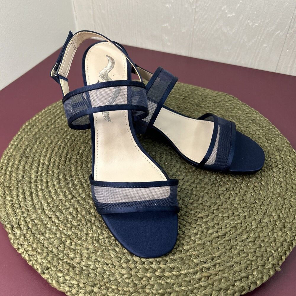 Nina Women Dress Shoes 8M Open Toe Navy Blue Ankle Straps Heels Buckle